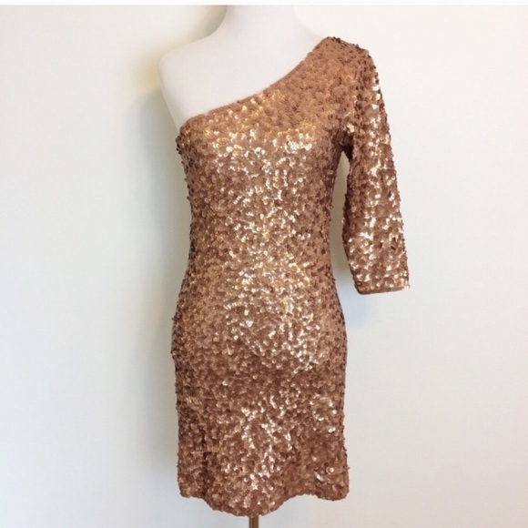 Tea n Rose Dresses & Skirts - Tea n' Rose Gold Sequined One Shoulder Mini Dress